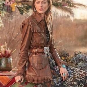 Sundance Ellis Fringe Trench Leather Soft Honey Jacket NWT